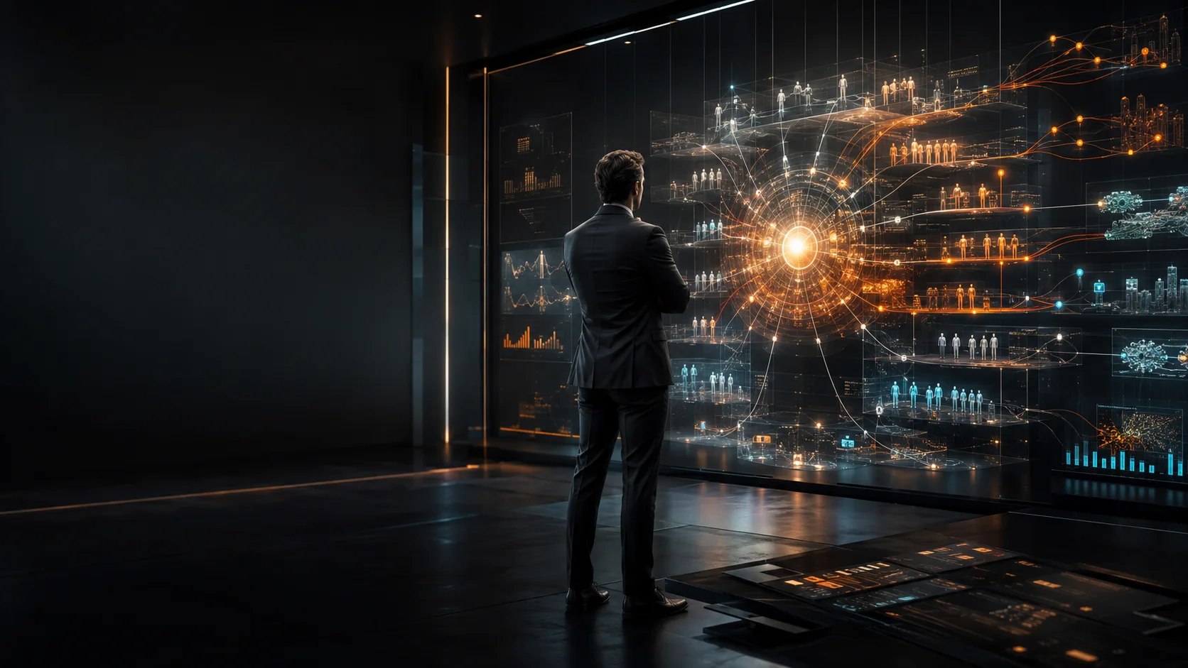 Professional analyzing a visual map of business processes, people, data and opportunities